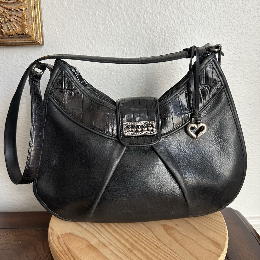 Brighton Sydney Black Pebble Leather Hobo Bag Croc Embossed Shoulder Purse VTG